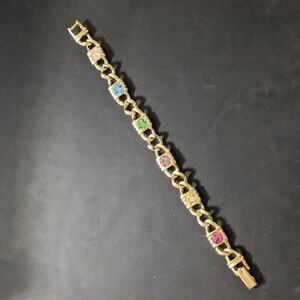 Gold Tone Multi Color CZ Chain Link Statement Bracelet